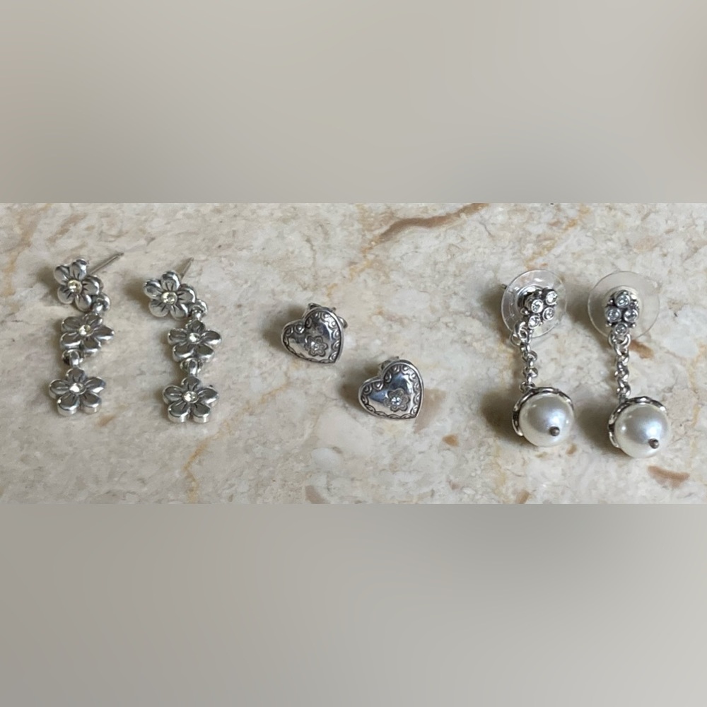 BRIGHTON 3 Prs. Flowers, Hearts & Pearl, Silver Tone & Crystal Earrings